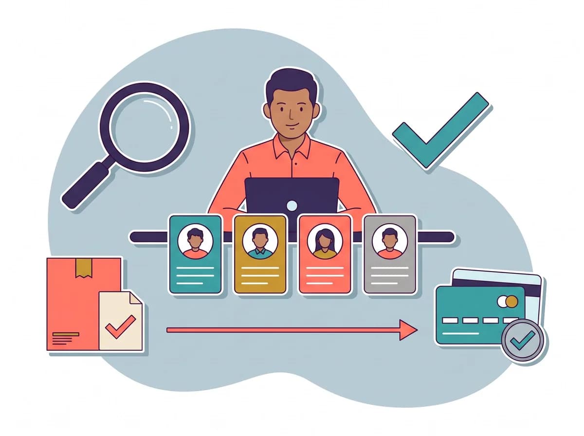 Editorial illustration of an advertiser comparing creator profiles and approving campaign payment