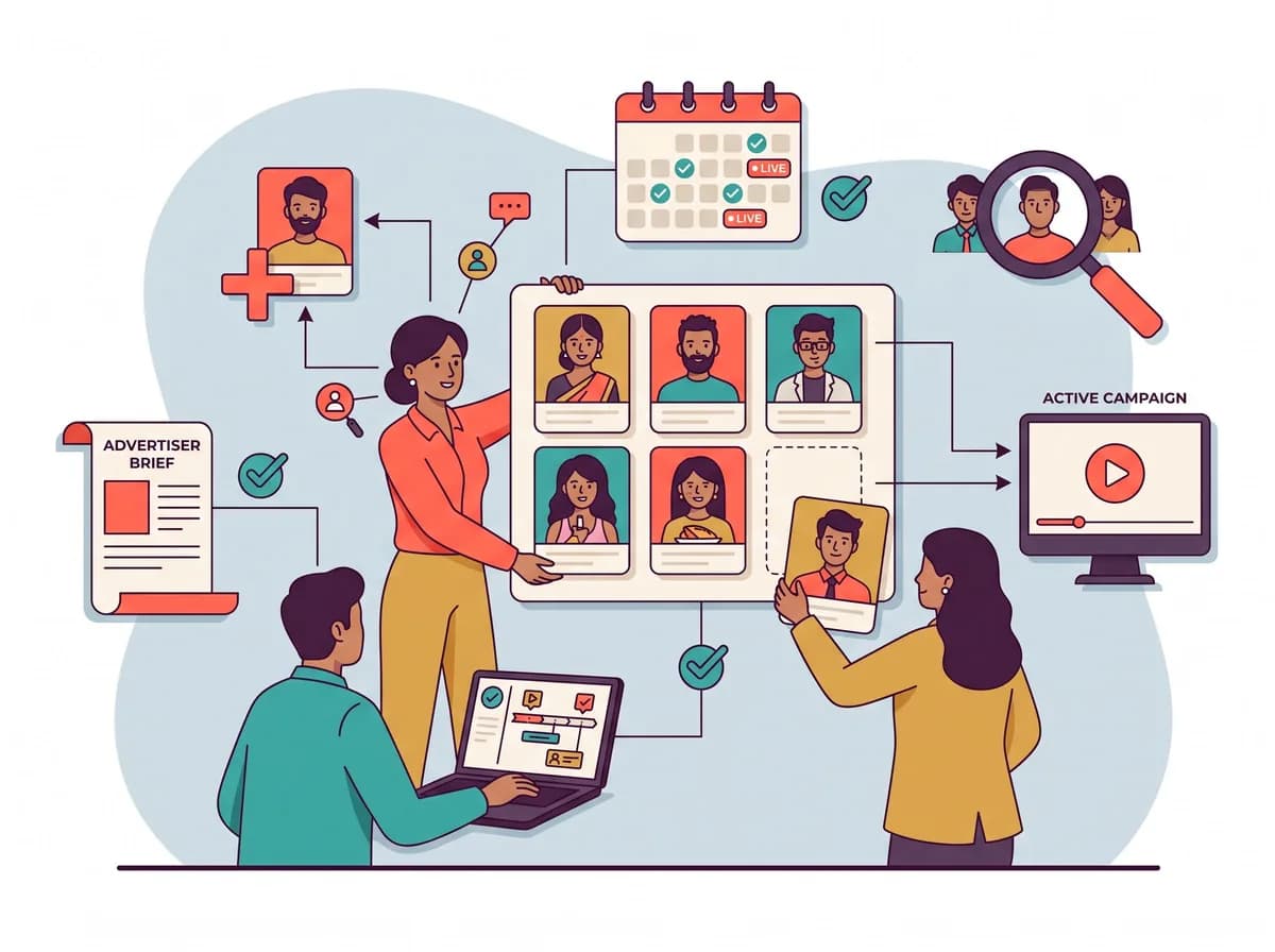 Editorial illustration of an agency team adding creators to a roster and coordinating active campaigns
