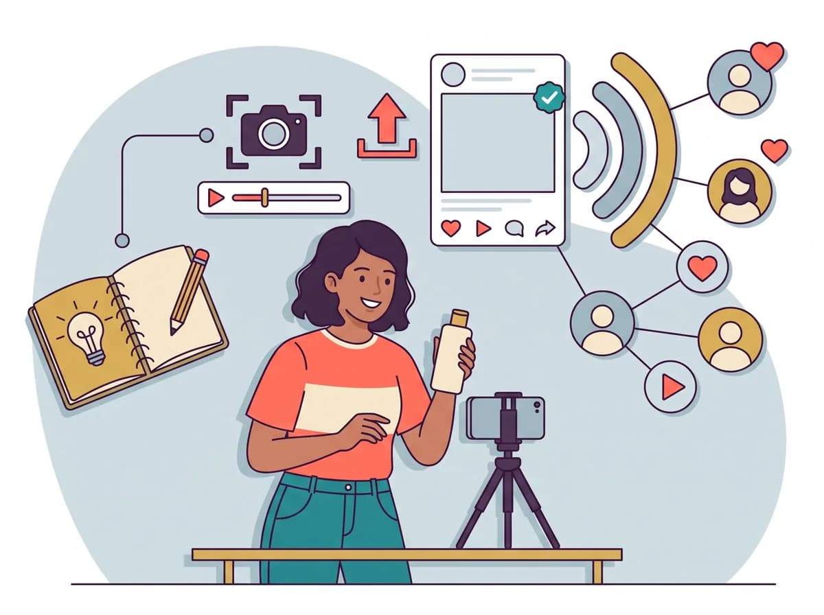 Editorial illustration of a creator developing, filming, publishing, and sharing product content