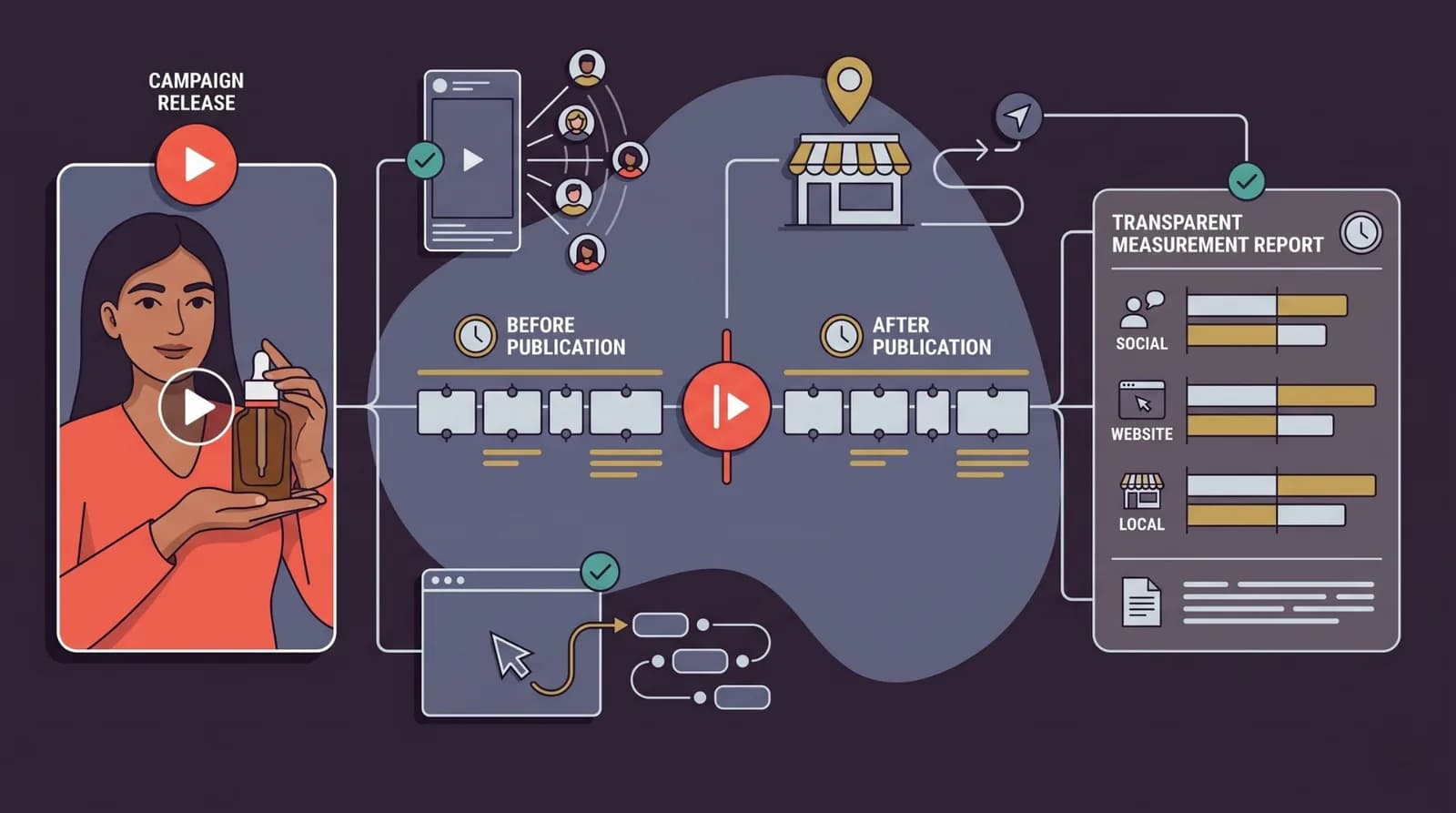 Dark editorial illustration connecting a serum campaign release to equal before-and-after windows and a transparent report across social, website, and local sources