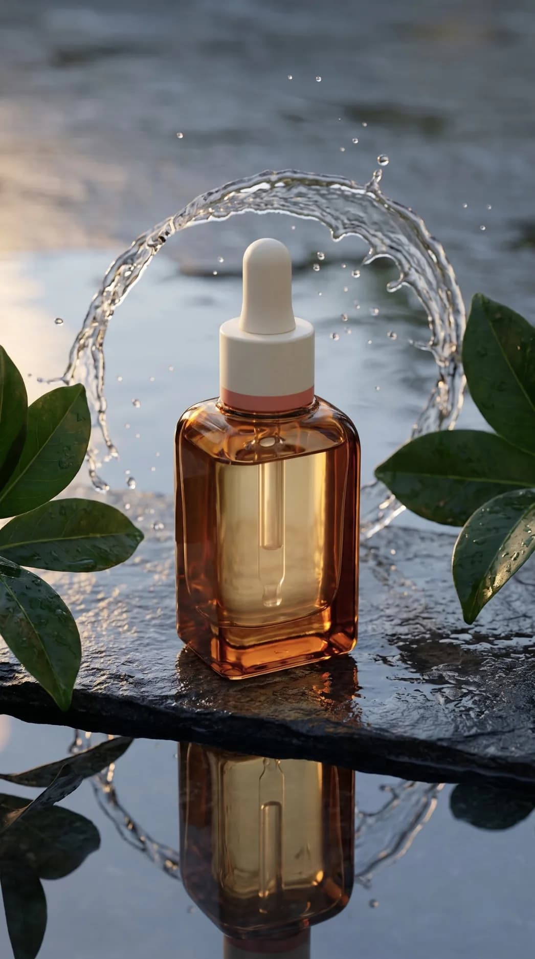 Representative vertical reel of the unbranded botanical face serum framed by water and leaves